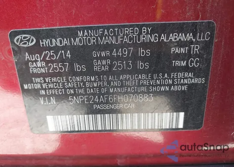 2015 Hyundai Sonata Se из США, поврежденный, VIN 5NPE24AF6FH070883